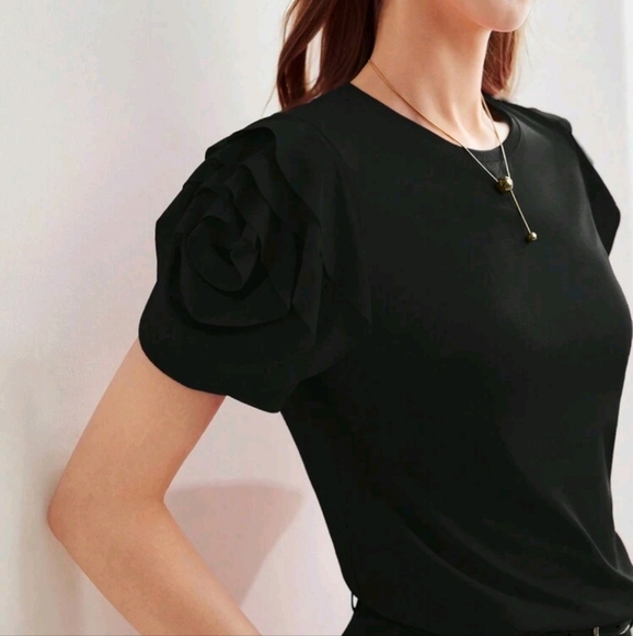 SOLID LAYERED RUFFLE PUFF SLEEVE TEE - Picture 1 of 4